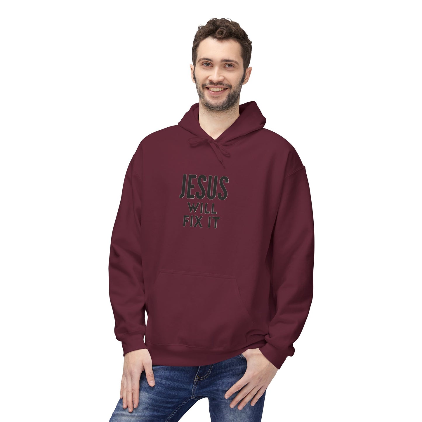 Unisex Fleece Hoodie - "Jesus Will Fix It" Inspirational Apparel